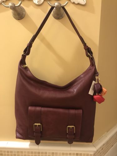 FOSSIL 100% Authentic Leather CLEO HOBO in Cabernet NWT + Fossil Bag Charm $236 Buy Online 