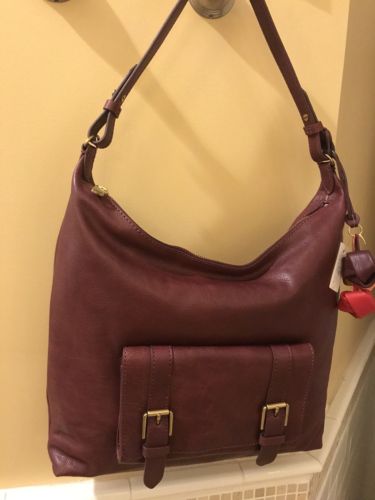 FOSSIL 100% Authentic Leather CLEO HOBO in Cabernet NWT + Fossil Bag Charm $236 Buy Online 