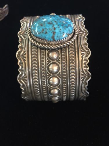 Ithica Peak Gem Turquoise Heavy Wide Sterling Bracelet.Signed Harold Joe Buy Online 
