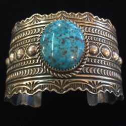 Ithica Peak Gem Turquoise Heavy Wide Sterling Bracelet.Signed Harold Joe Buy Online 