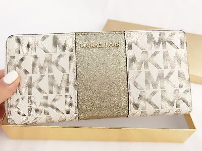 Michael Kors Jet Set Travel Center Stripe Continental Wallet Vanilla MK Gold BOX Buy Online 