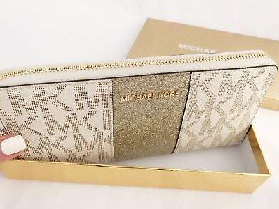 Michael Kors Jet Set Travel Center Stripe Continental Wallet Vanilla MK Gold BOX Buy Online 