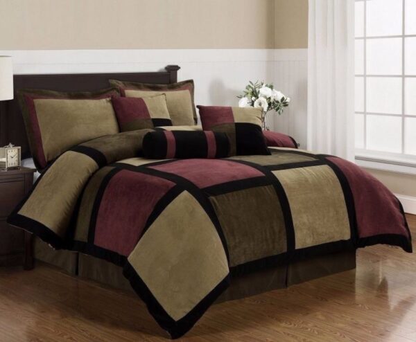 Micro Suede Brown Burgundy Black Patchwork 7-Piece Comforter Set, Queen Buy Online 
