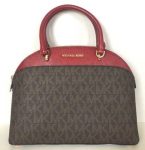 NWT Michael Kors Emmy Large Dome Satchel handbag PVC with Leather Brown / Cherry Buy Online 