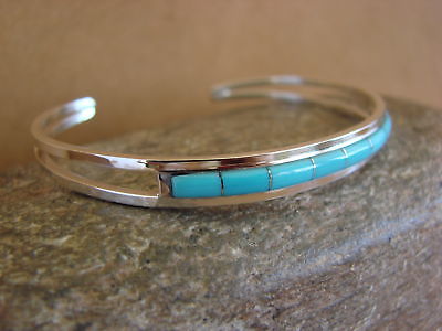 Zuni Indian Jewelry Sterling Silver Turquoise Inlay Bracelet by Wallace Buy Online 