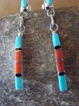 Zuni Indian Sterling Silver Turquoise Coral Channel Inlay Dangle Earrings by Nat Buy Online 