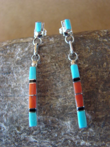 Zuni Indian Sterling Silver Turquoise Coral Channel Inlay Dangle Earrings by Nat Buy Online 