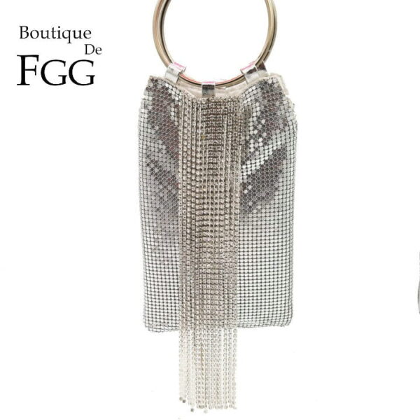 Boutique De FGG Dazzling Silver Crystal Tassel Women Aluminum Evening Purse Cocktail Party Wristlets Clutch Handbag Buy Online 