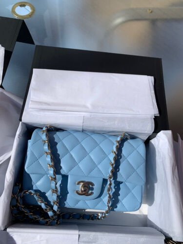 22S CHANEL  Blue Classic Mini Flap Bag Lambskin Rectangular 2022 GHW NWT Buy Online 