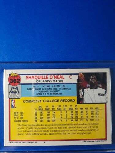 1992-1993 TOPPS SHAQUILLE O’NEAL RC ROOKIE 92’ DRAFT PICK #362 GEM MINT Buy Online 