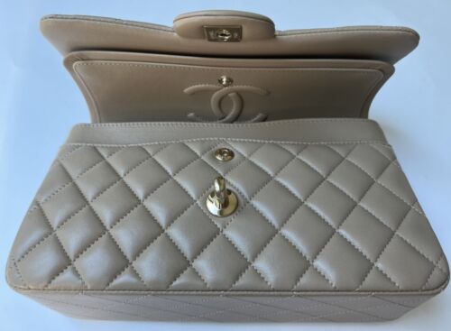 NIB 21S Chanel Classic Double Flap Quilted Lambskin Small Bag GHW - Dark Beige Buy Online 