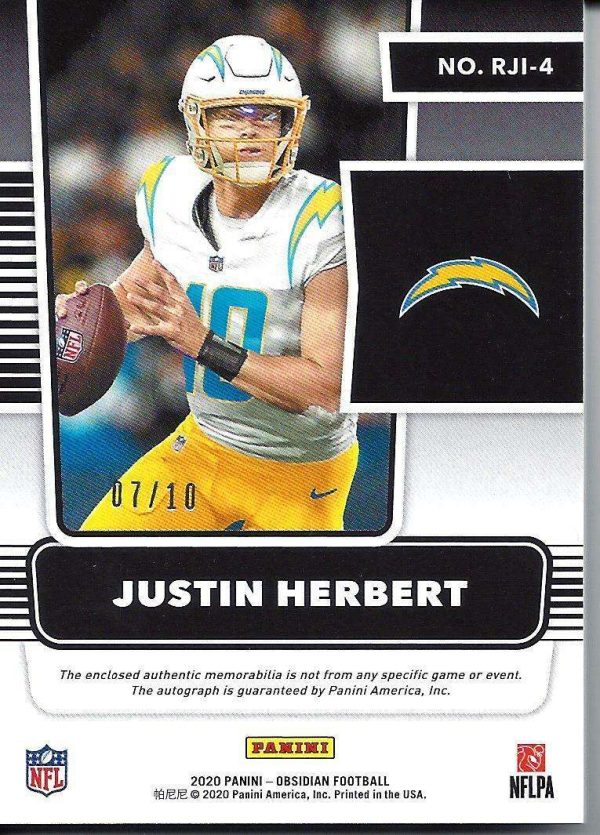 JUSTIN HERBERT 2020 PANINI OBSIDIAN RED AUTO RPA 4 COLOR JERSEY PATCH RC #D 7/10 Buy Online 