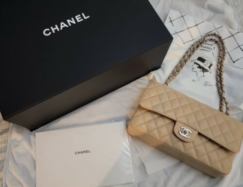 NWT Chanel Classic Medium Beige Clair Caviar SHW Flap Bag Fullset Tag Chip Buy Online 