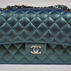 Chanel 22P Blue Green Caviar Medium Classic Flap Gold Chain CC Logo Shoulder Bag Buy Online 