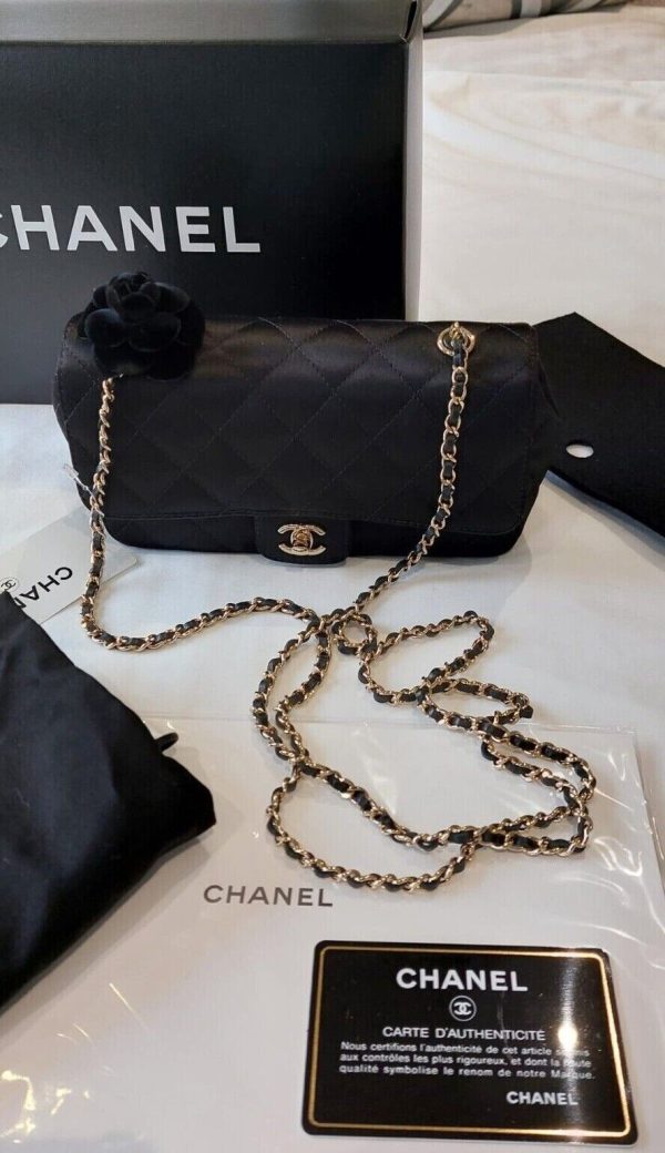 NEW Chanel Black Satin Quilted Flap Bag Gold Chain Hardware cc Logo 2016 BNIB Buy Online 