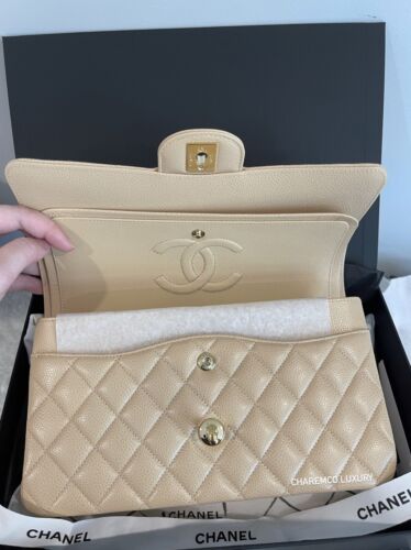 NWT🤎Chanel Classic Medium Beige Clair Caviar GHW Flap Bag Fullset Receipt Chip Buy Online 