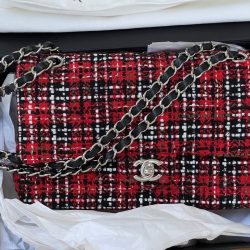 Chanel Classic Flap Bag, Red Black Plaid Wool, Black Hardware, New, Tags $7950 Buy Online 