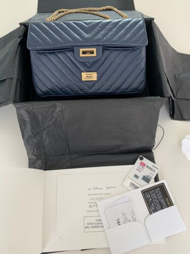 New CHANEL Medium Classic 2.55 Reissue Double Flap Bag Navy Blue Chevron 18A Buy Online 