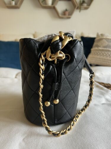 Chanel Shiny Lambskin Quilted Chain Is More Drawstring Bag Black Buy Online 