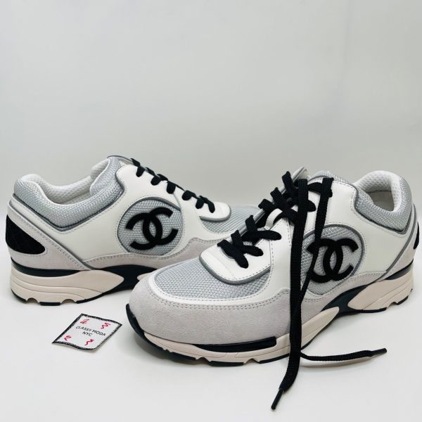Chanel 22S Mesh Suede Calfskin Womens CC Sneakers 39 White Silver Light Grey Buy Online 