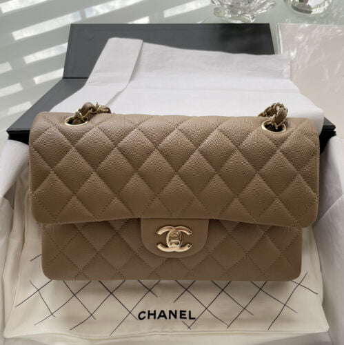 BNWT Chanel 22A Dark Beige Small Classic Flap Gold Chain CC Quilted Shoulder Bag Buy Online 