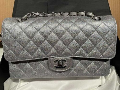 CHANEL 21K Silver Metallic Glittered Caviar Quilted Medium Double Flap CC bag Buy Online 