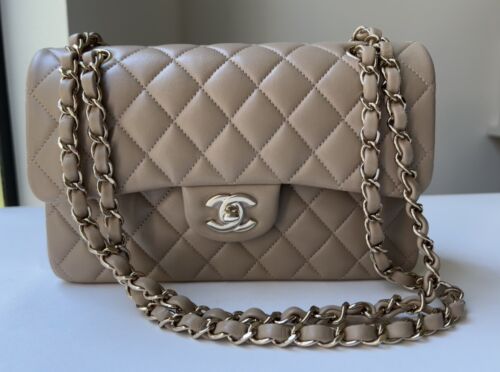 NIB 21S Chanel Classic Double Flap Quilted Lambskin Small Bag GHW - Dark Beige Buy Online 