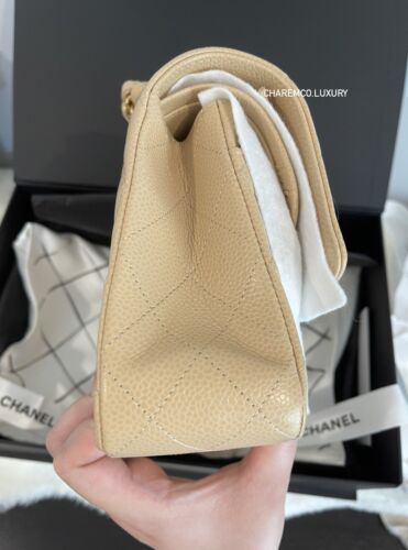 NWT🤎Chanel Classic Medium Beige Clair Caviar GHW Flap Bag Fullset Receipt Chip Buy Online 