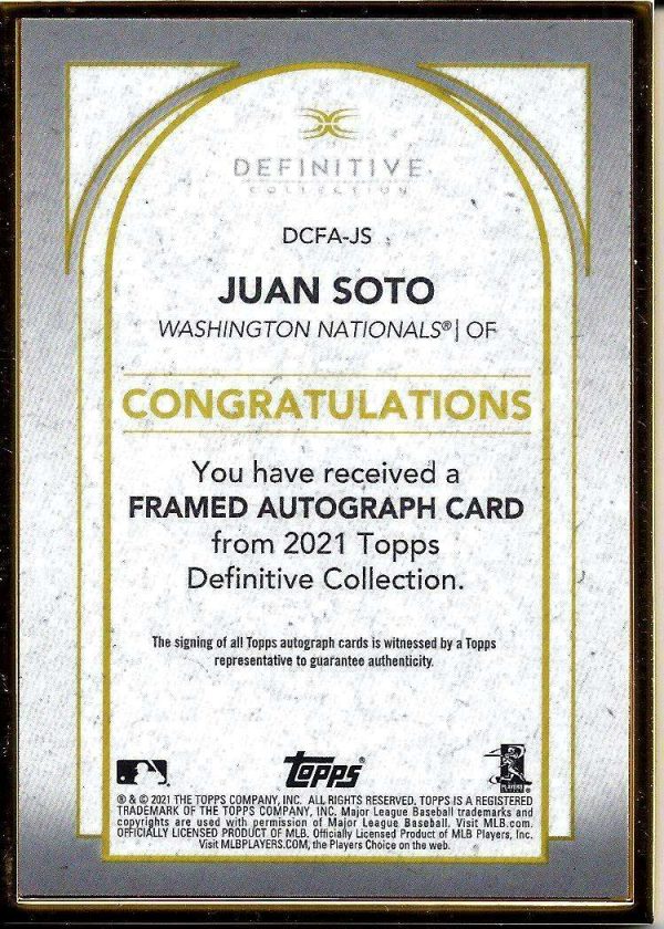 JUAN SOTO 2021 TOPPS DEFINITIVE GOLD FRAMED RED AUTO AUTOGRAPH #ED 1/1 NATIONALS Buy Online 