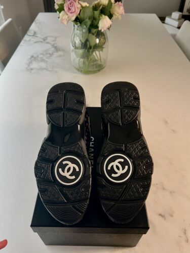 Chanel 22A Black Beige Suede Printed CC Logo Flat Runner Trainer Sneaker 39.5 Buy Online 