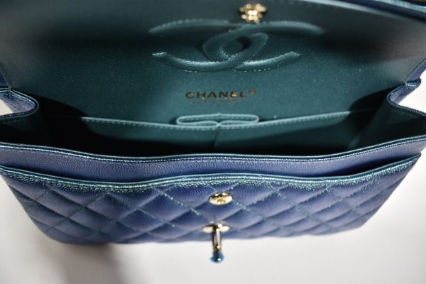 Chanel 22P Blue Green Caviar Medium Classic Flap Gold Chain CC Logo Shoulder Bag Buy Online 