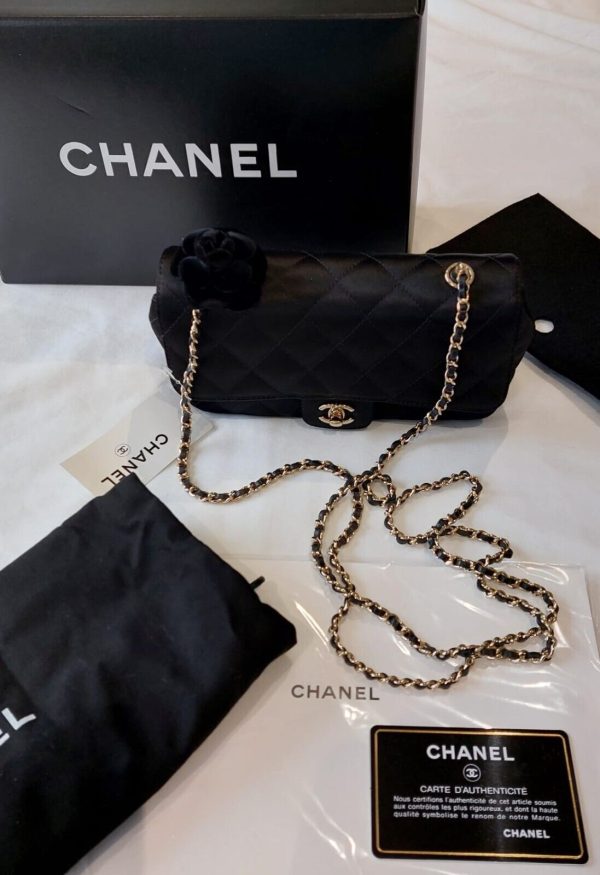NEW Chanel Black Satin Quilted Flap Bag Gold Chain Hardware cc Logo 2016 BNIB Buy Online 