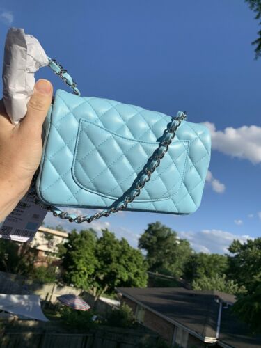 21S CHANEL Neon Blue Classic Mini Flap Bag Lambskin Rectangular 2021 SHW NWT Buy Online 