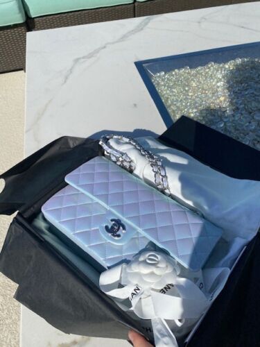 New 21K CHANEL Medium Classic Double Flap Bag Iridescent Icy Blue Calfskin 2021 Buy Online 