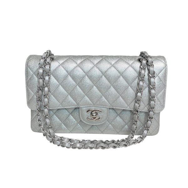 NIB CHANEL 21K Silver Glitter Caviar Leather Double Flap Medium Classic Bag Buy Online 