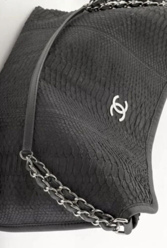CHANEL Exotic Python Snake Skin Black Leather Large Jumbo Purse Bag Buy Online 