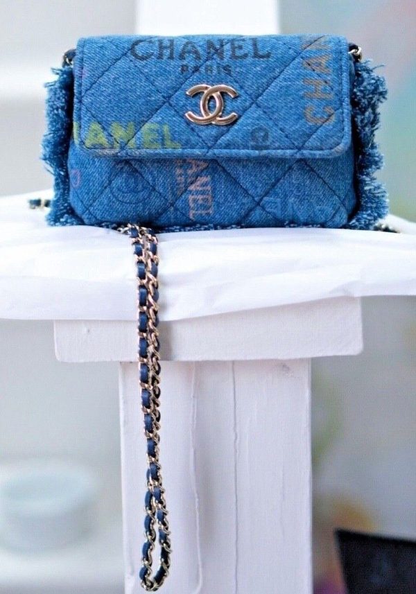 Chanel 2022 Spring Blue Denim Clutch Bag With Gold Chain~ Brand New ~ Sold Out! Buy Online 